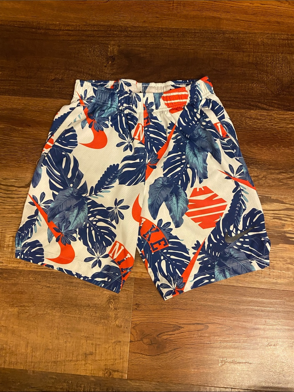 Nike White Tropical Print Shorts with Navy & Orange Accents